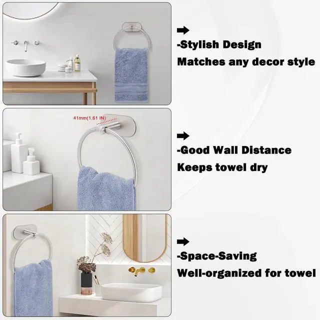 Alt view image 5 of 7 - Livabber Towel Ring for Bathroom, 304 Stainless Steel Hand Towel Holder, Heavy Duty Towel Hanger for Bath, Kitchen, Hotel (4 Self-Adhesive Base, Brushed Nickel)