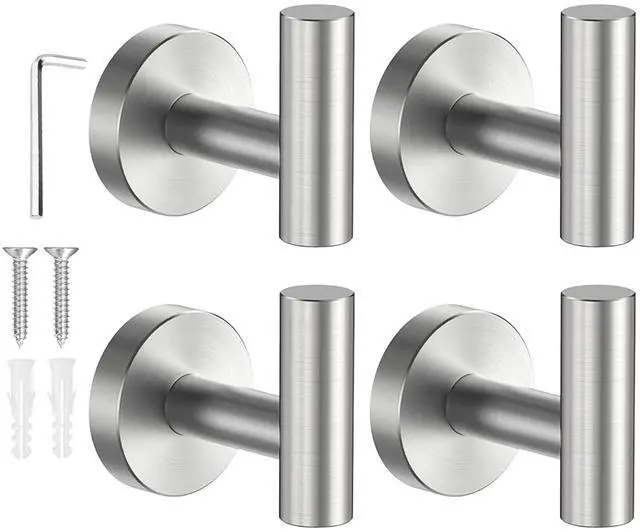 Main image of SetSail Towel Hooks for Bathrooms Screw-in 4 Packs Brushed Nickel Bathroom Towel Hook Wall Mounted Stainless Steel Shower Towel Hooks for Coat Hanging, Drill Hole
