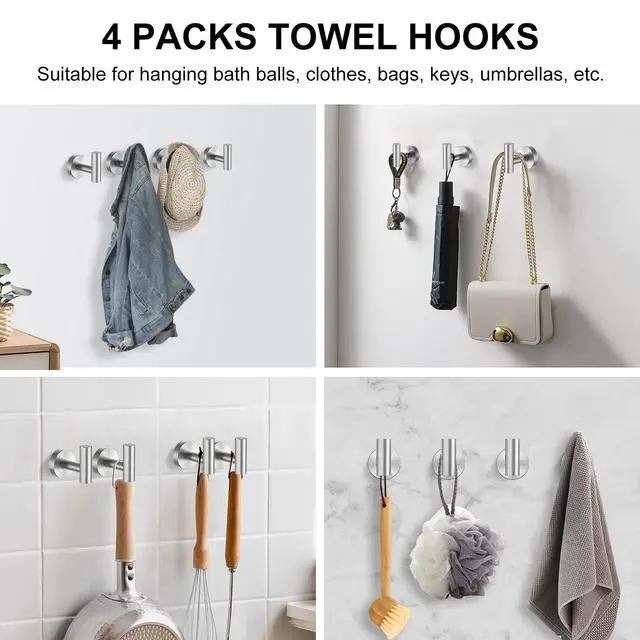 Alt view image 6 of 7 - SetSail Towel Hooks for Bathrooms Screw-in 4 Packs Brushed Nickel Bathroom Towel Hook Wall Mounted Stainless Steel Shower Towel Hooks for Coat Hanging, Drill Hole