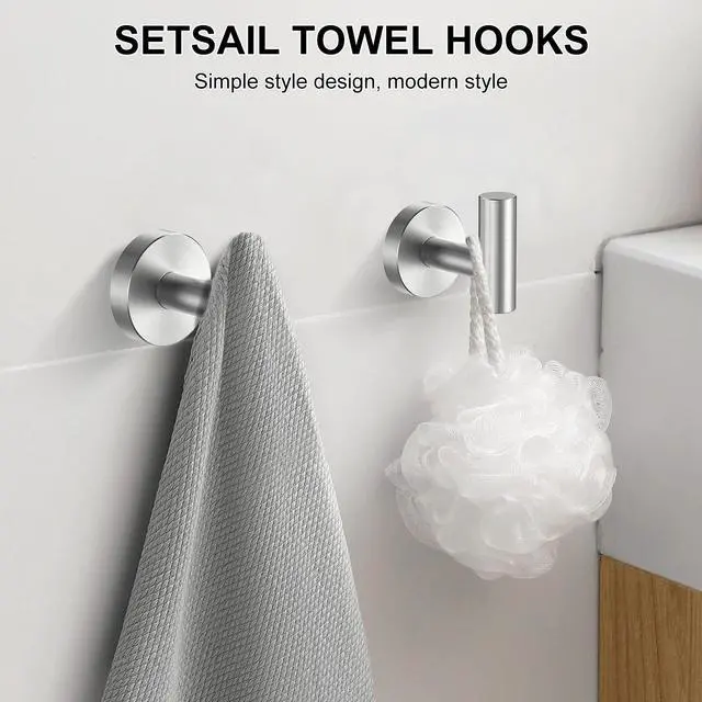 Alt view image 7 of 7 - SetSail Towel Hooks for Bathrooms Screw-in 4 Packs Brushed Nickel Bathroom Towel Hook Wall Mounted Stainless Steel Shower Towel Hooks for Coat Hanging, Drill Hole