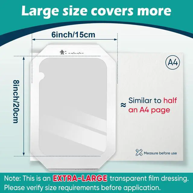 Alt view image 2 of 7 - Transparent Film Dressing 6'' x 8'' Box of 12 - Waterproof Bandages for Swimming, Showering, Wounds, Post Surgical Shower or IV Shield, Tattoo Aftercare Bandage, Scar Therapy, Adhesive Patches