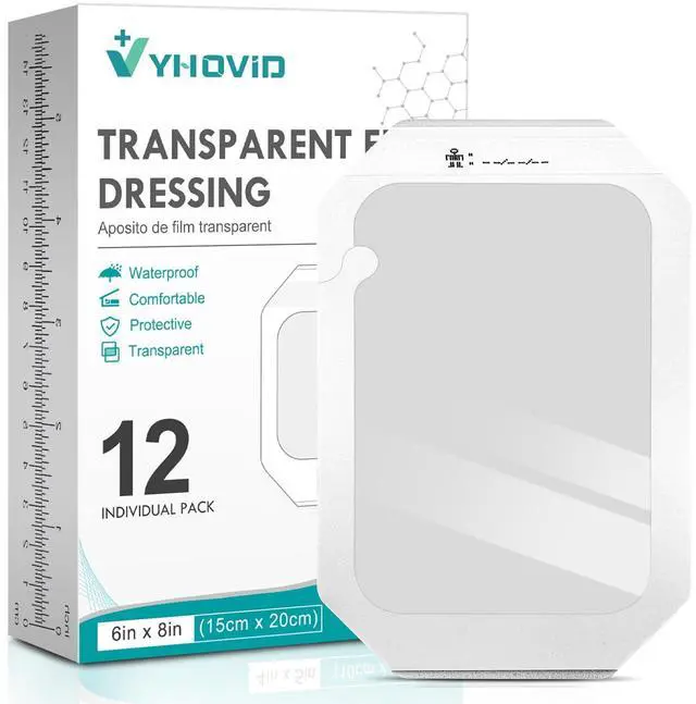 Main image of Transparent Film Dressing 6'' x 8'' Box of 12 - Waterproof Bandages for Swimming, Showering, Wounds, Post Surgical Shower or IV Shield, Tattoo Aftercare Bandage, Scar Therapy, Adhesive Patches