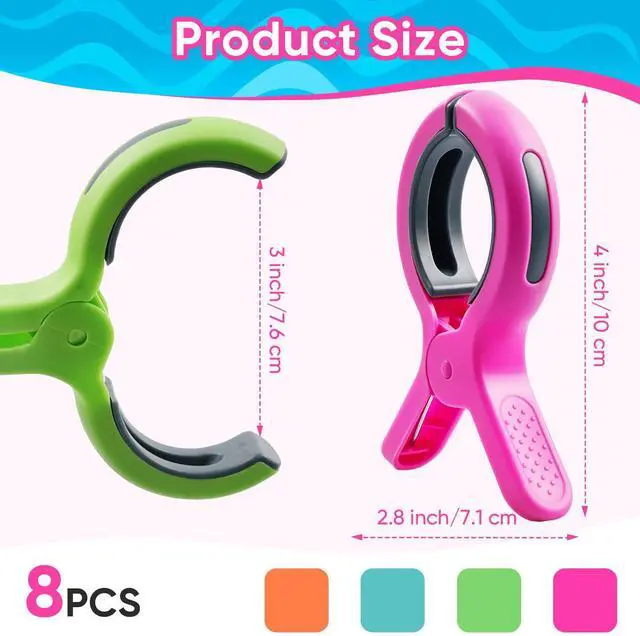 Alt view image 2 of 7 - HiGift Beach Towel Clips for Beach Chairs, Towel Holder for Pool Lounge Chair Cruise Essentials, 8 Pack Jumbo Size Clothes Pins Vacation Must Have to Keep Towel from Blowing Away, 4 Bright Colors