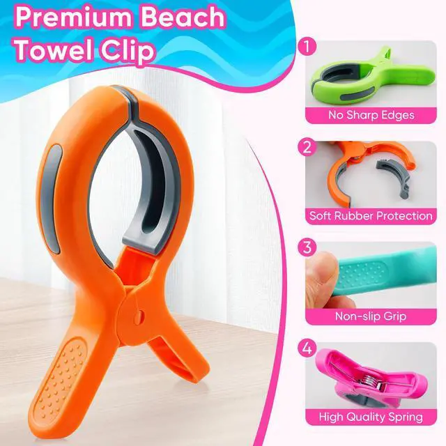 Alt view image 3 of 7 - HiGift Beach Towel Clips for Beach Chairs, Towel Holder for Pool Lounge Chair Cruise Essentials, 8 Pack Jumbo Size Clothes Pins Vacation Must Have to Keep Towel from Blowing Away, 4 Bright Colors