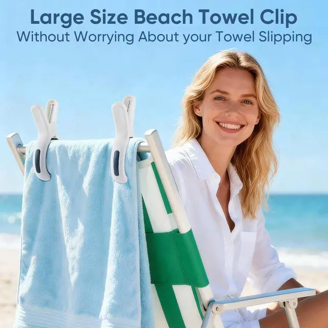 Alt view image 5 of 7 - HiGift Large Beach Towel Clips for Beach Chairs, 8 Pack Jumbo Size 5.1 Inch Towel Clips for Beach Chairs Cruise, Heavy Duty Towel Holder for Pool Lounge Chair Cruise Essentials, White