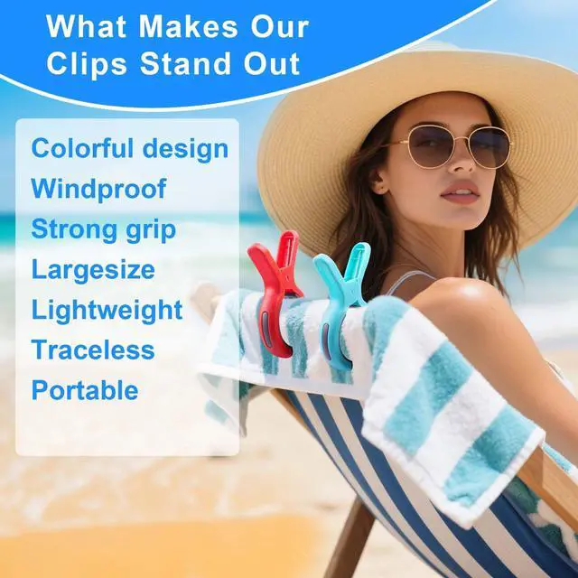 Alt view image 3 of 7 - Large Beach Towel Clips for Beach Chair, Heavy-Duty Plastic Clothes Pins, Towel Clips for Beach Chairs Cruise-Keep Your Towel from Blowing Away, Vacation Beach Must Have Beach Chair Clips
