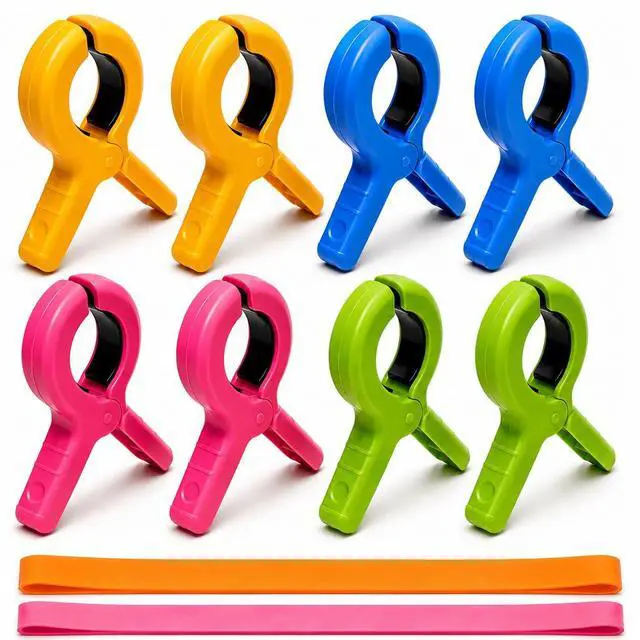 Main image of 10 PCS Beach Towel Clips, 8 Clips + 2 Towel Bands for Beach Lounge Chairs | Windproof Heavy-Duty Clothes Pins, Suitable for Pool, Cruise & Boat, Beach Essentials for Family