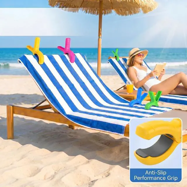 Alt view image 4 of 7 - 10 PCS Beach Towel Clips, 8 Clips + 2 Towel Bands for Beach Lounge Chairs | Windproof Heavy-Duty Clothes Pins, Suitable for Pool, Cruise & Boat, Beach Essentials for Family