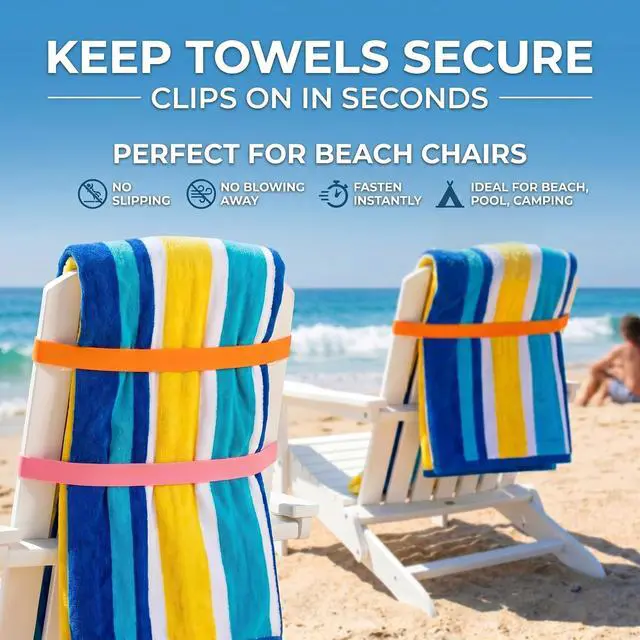 Alt view image 5 of 7 - 10 PCS Beach Towel Clips, 8 Clips + 2 Towel Bands for Beach Lounge Chairs | Windproof Heavy-Duty Clothes Pins, Suitable for Pool, Cruise & Boat, Beach Essentials for Family