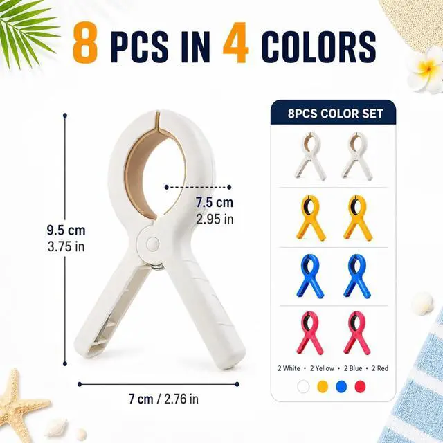 Alt view image 2 of 7 - CHONNFEASTT® 8PCS Beach Towel Clips for Beach Chairs | Large Plastic Clamp Grabber for Lounge Chair - Heavy Duty Pool Boat Day Essentials - Cruise Picnic Accessories Must Haves