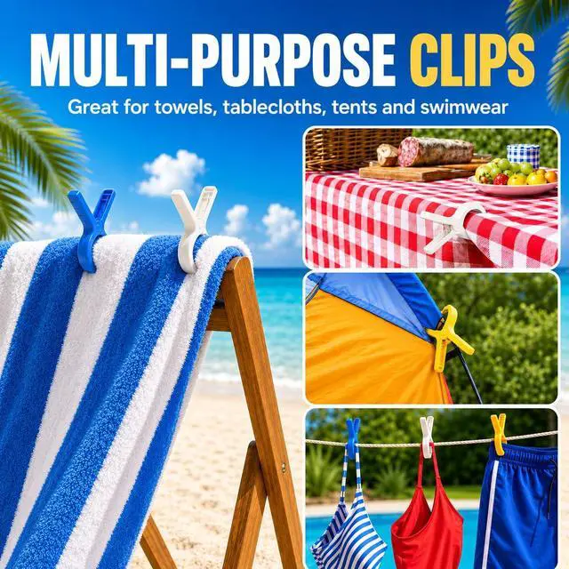 Alt view image 3 of 7 - CHONNFEASTT® 8PCS Beach Towel Clips for Beach Chairs | Large Plastic Clamp Grabber for Lounge Chair - Heavy Duty Pool Boat Day Essentials - Cruise Picnic Accessories Must Haves