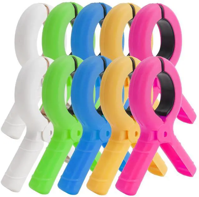 Main image of 10 Pack Large Beach Towel Clips for Beach Chairs Plastic Towel Holder Clothes Pins Hanging Clip Clamps Cruise Summer Water Pool Activities Vacation Outdoor Accessories Essentials Must Have Items