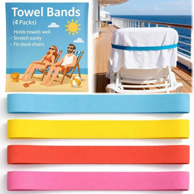 Main image of Extra Wide Beach Towel Bands for Cruise Chairs - Windproof Elastic Towel Holder, Towel Straps for Beach/Pool & Lounge Chairs, Cruise & Beach Essentials, Better Alternative to Beach Towel Clips 4 pcs