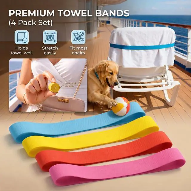 Alt view image 2 of 7 - Extra Wide Beach Towel Bands for Cruise Chairs - Windproof Elastic Towel Holder, Towel Straps for Beach/Pool & Lounge Chairs, Cruise & Beach Essentials, Better Alternative to Beach Towel Clips 4 pcs