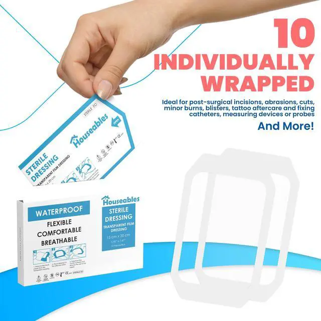 Alt view image 6 of 7 - Waterproof Bandages, Transparent Film Dressing, Wound Cover, 6x8, Large | Houseables 100 Pack, Waterproof Bandages Post Surgical, for Wound Cover, Showering, Patches for Skin, Swimming, Medical, IV