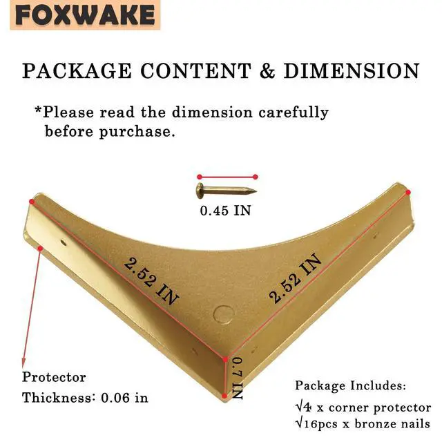 Alt view image 3 of 7 - Foxwake Gold Box Corner Protectors Metal for Furniture Decorative Table Corner Brackets 2.56'' Corner Cover Rustproof Zinc Alloy Desk Edge Corner Guard with Matching Nails (4Pcs)