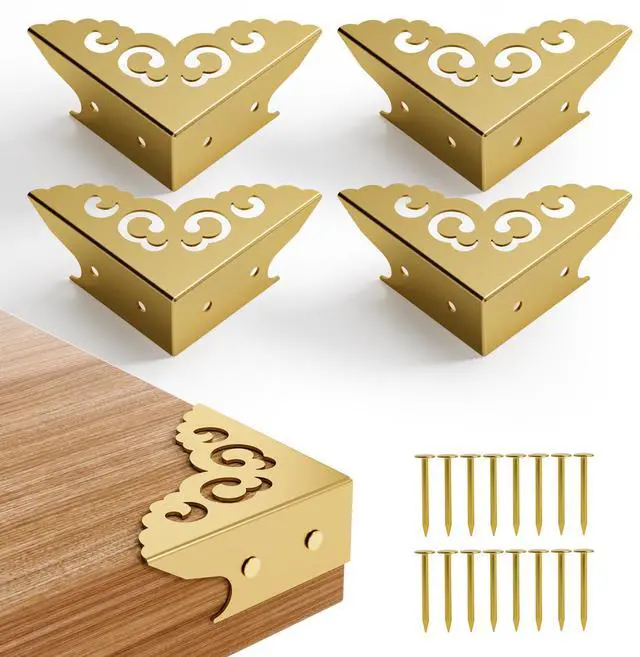 Main image of 4 Pcs Corner Protectors for Furniture,Retro Style Guard Cabinet Furniture Corner Bumpers for Jewelry Box Gift Box Wooden Case Cabinet Furniture Decorative (Gold)