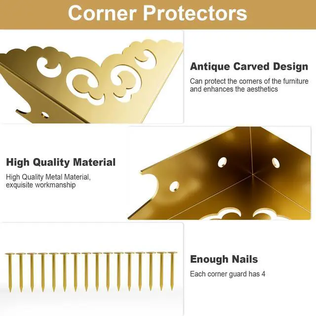Alt view image 3 of 7 - 4 Pcs Corner Protectors for Furniture,Retro Style Guard Cabinet Furniture Corner Bumpers for Jewelry Box Gift Box Wooden Case Cabinet Furniture Decorative (Gold)