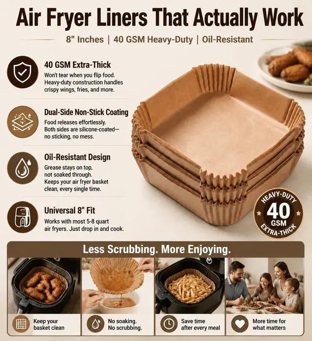 Alt view image 3 of 7 - Air Fryer Liners Disposable 8 Inch, 100-Pcs Unbleached Parchment Paper | Bowl Shape Non-Stick Baking Paper for 5-8QT Air Fryers, 446°F heat-resistant,Square Bottom Liners for Baking Frying Roasting