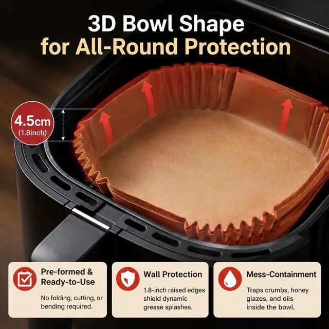 Alt view image 4 of 7 - Air Fryer Liners Disposable 8 Inch, 100-Pcs Unbleached Parchment Paper | Bowl Shape Non-Stick Baking Paper for 5-8QT Air Fryers, 446°F heat-resistant,Square Bottom Liners for Baking Frying Roasting