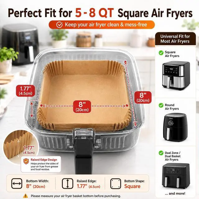 Alt view image 6 of 7 - Air Fryer Liners Disposable 8 Inch, 100-Pcs Unbleached Parchment Paper | Bowl Shape Non-Stick Baking Paper for 5-8QT Air Fryers, 446°F heat-resistant,Square Bottom Liners for Baking Frying Roasting