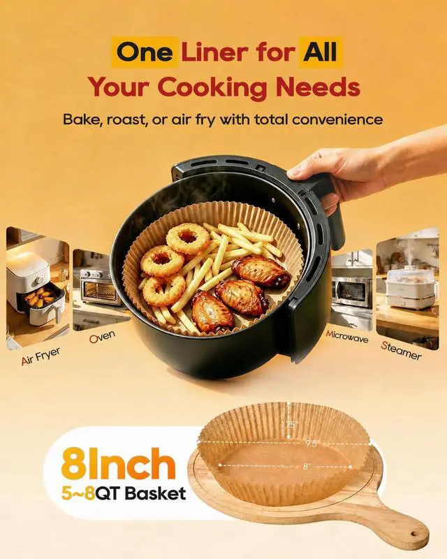 Alt view image 2 of 7 - Wellsworth 40 GSM Air Fryer Liners Disposable Round, 8 for 58 Qt Basket | Non-Stick, Oil-Proof, 450 Heat Resistant, BPA & PFA Free, Unbleached Airfryer Sheets Air Fryer Paper, Round Circle, 125 Pcs