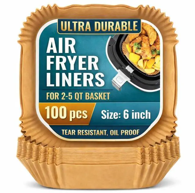 Main image of 100 Pack 6 Inch Square Air Fryer Liners for 2-5 Qt Baskets, Disposable Unbleached Parchment Paper, Non Stick and Grease Resistant, Heat Resistant Baking Paper for Air Fryer and Oven