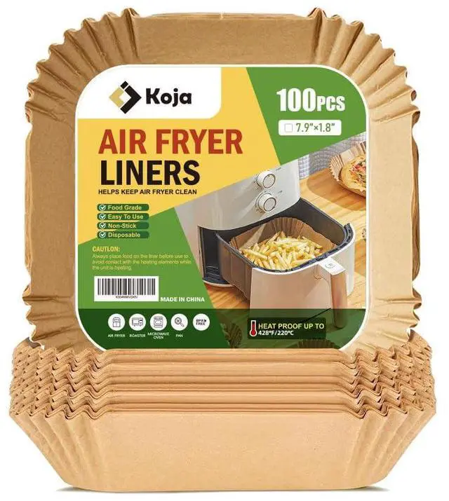 Main image of Koja 100 Pcs Parchment Air Fryer Liners, 6.5 in, Non-Stick, Heat Resistant | Also works in microwave, oven, and steamer. Easy to clean, no scrubbing needed after cooking.