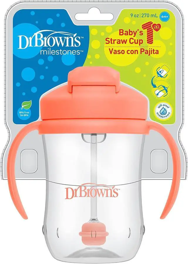 Alt view image 4 of 7 - Dr. Brown's Milestones Baby's First Straw Cup, Training Cup with Weighted Straw, 9 oz/270 mL, BPA-free, 6m+, Coral, 1-Pack