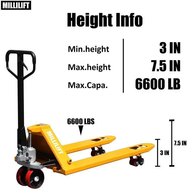 Alt view image 2 of 7 - Millilift Manual Pallet Jack, 48" L x 27" W, 6600LB Capacity, Yellow