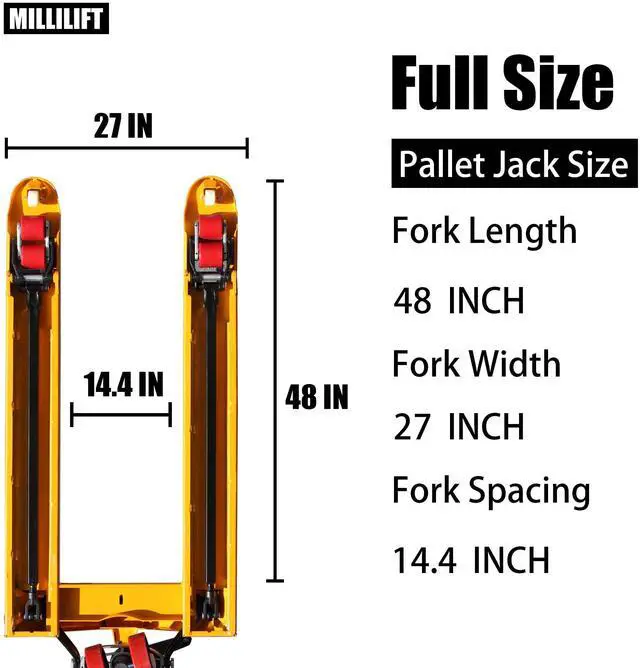 Alt view image 4 of 7 - Millilift Manual Pallet Jack, 48" L x 27" W, 6600LB Capacity, Yellow