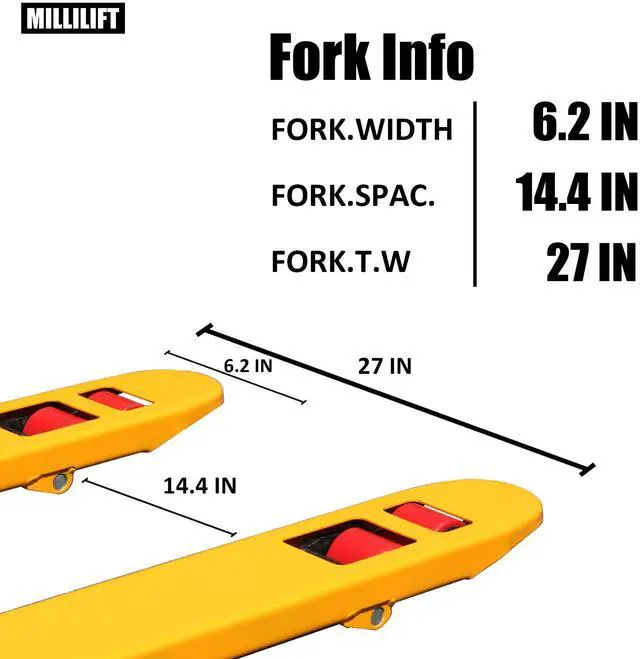Alt view image 3 of 7 - Millilift Manual Pallet Jack, 48" L x 27" W, 6600LB Capacity, Yellow
