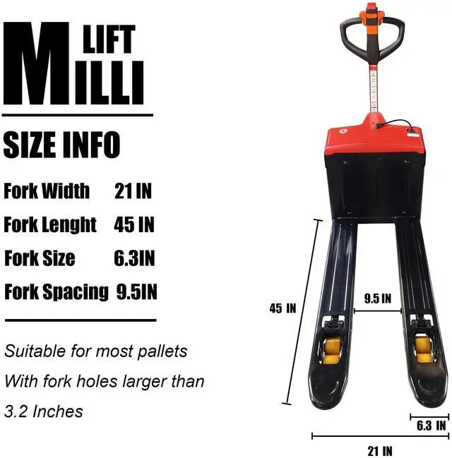 Alt view image 3 of 7 - Millilift Electric Pallet Jack, 3300LB Capacity, 45"x21" Forks