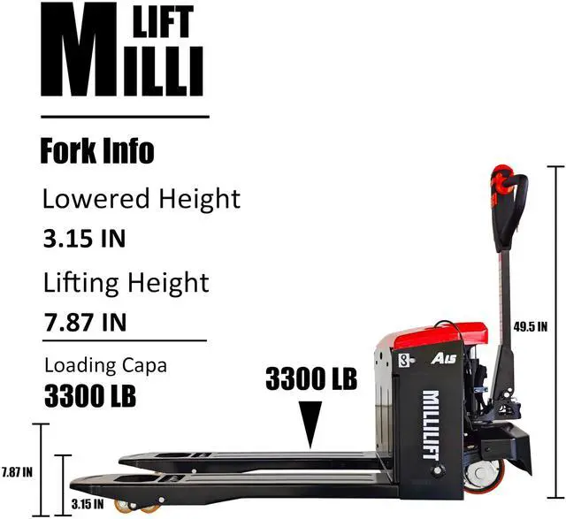 Alt view image 2 of 7 - Millilift Electric Pallet Jack, 3300LB Capacity, 45"x21" Forks