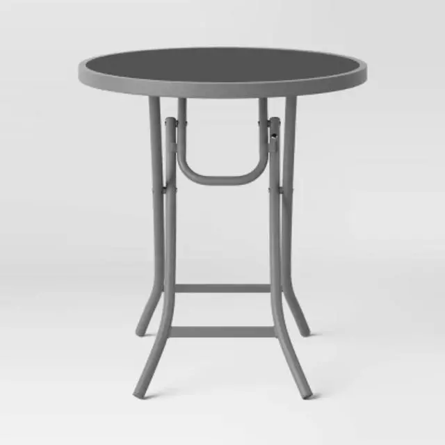 Alt view image 4 of 7 - Folding Round Patio Accent Table - Metal Frame with Glass Tabletop, Weather-Resistant, Gray Finish, 19.09"H x 18.11"W x 18.11"D