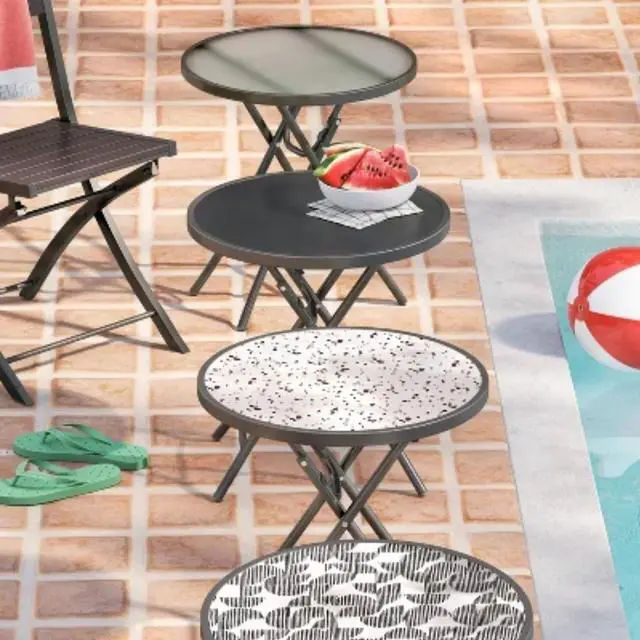 Alt view image 3 of 7 - Folding Round Patio Accent Table - Metal Frame with Glass Tabletop, Weather-Resistant, Gray Finish, 19.09"H x 18.11"W x 18.11"D