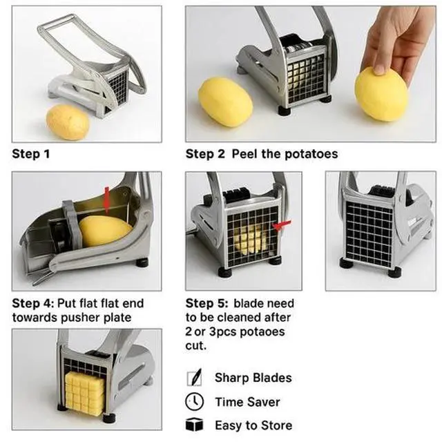 Alt view image 3 of 3 - 2 Blade Stainless Steel French Fry Cutter Potato Vegetable Slicer Chopper Dicer