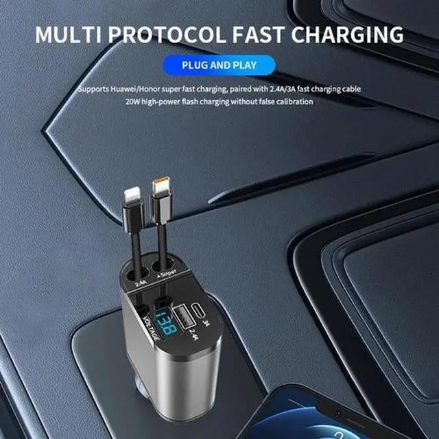 Alt view image 3 of 7 - Retractable Car Charger 4 in 1 Fast Car Phone Charger 120W With USB Type C Cable