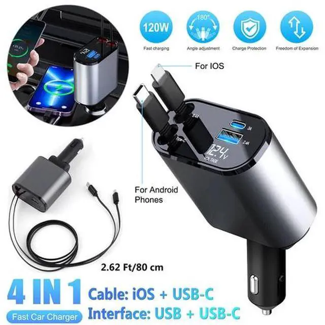 Alt view image 7 of 7 - Retractable Car Charger 4 in 1 Fast Car Phone Charger 120W With USB Type C Cable