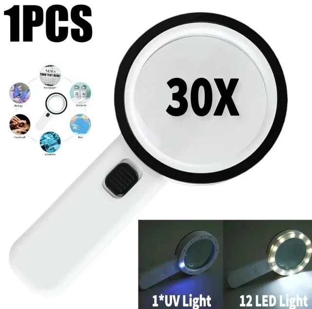 Main image of 30X Handheld Magnifier 12 LED Illuminated Light for Reading Jewelry Watch Repair