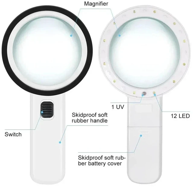 Alt view image 7 of 7 - 30X Handheld Magnifier 12 LED Illuminated Light for Reading Jewelry Watch Repair