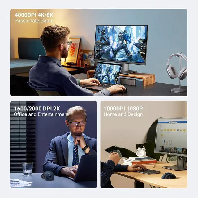 Alt view image 4 of 7 - Wireless Mouse Ergonomic Bluetooth 5.0 Mouse for Laptop 2.4G Cordless with USB Receiver 1000/1600/2000/4000 DPI 5 Buttons Silent Mice for MacBook PC Desktop Chromebook Blue