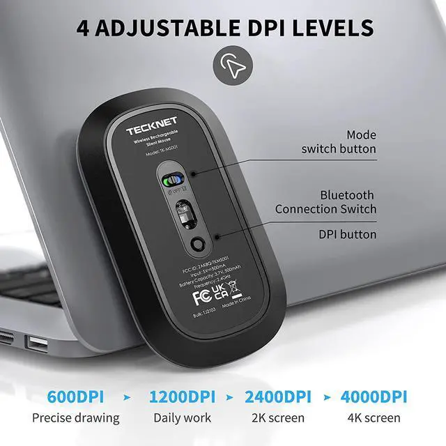 Alt view image 11 of 14 - Bluetooth Mouse, Slim Silent Rechargeable Wireless Mouse Bluetooth 5.0/3.0 2.4G Portable Optical Cordless Mice with USB Receiver 4 Adjustable DPI for MacBook iPad Windows Computer Laptop PC