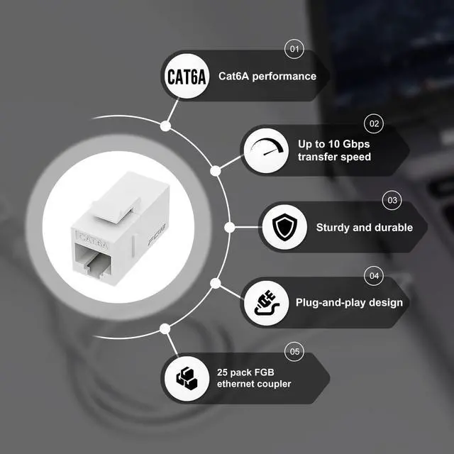 Alt view image 11 of 14 - 10 Gbps CAT6A RJ45 Keystone Coupler 25-Pack, Ethernet Keystone Jack, Ethernet Coupler Female to Female UTP for Cat6a/Cat6/Cat5e/Cat5, White