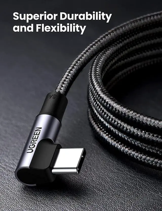 Alt view image 12 of 14 - UGREEN USB C to USB C Cable 100W Fast Charging 3FT - Right Angle 5A Type C PD Nylon Braided Charging Cord Compatible for MacBook Pro Air iPad Pro 2020 Chromebook Galaxy S21 S20 Note 20 Dell XPS Pixel