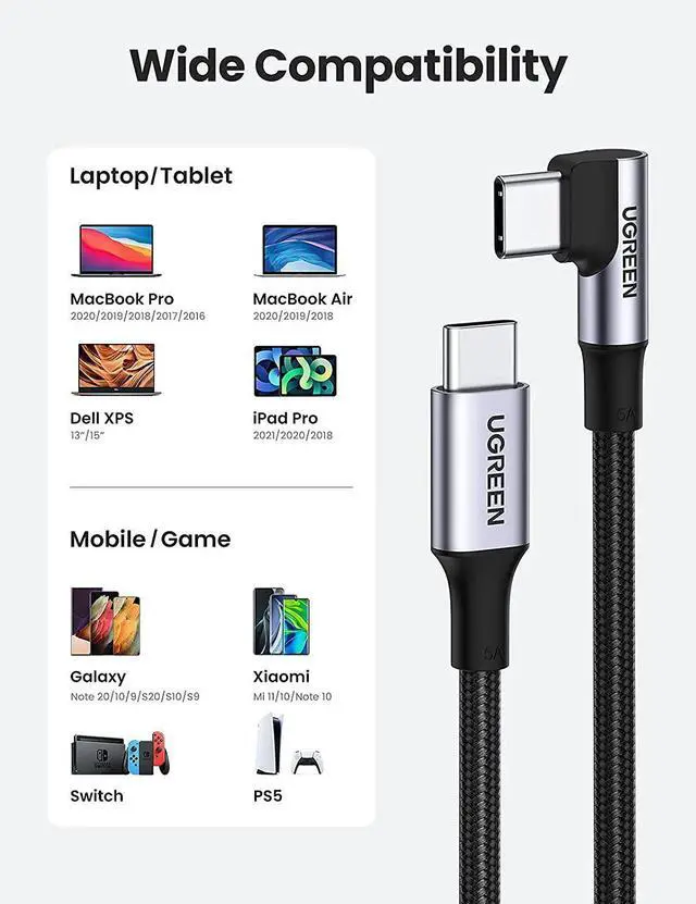 Alt view image 14 of 14 - UGREEN USB C to USB C Cable 100W Fast Charging 3FT - Right Angle 5A Type C PD Nylon Braided Charging Cord Compatible for MacBook Pro Air iPad Pro 2020 Chromebook Galaxy S21 S20 Note 20 Dell XPS Pixel