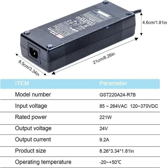 Alt view image 4 of 7 - GST220A24-R7B AC-DC Power Supply, 24V 9.2A 221W, High Efficiency 93.5%, Wide Temp -22°F to 158°F, UL/TUV Certified, Fanless, for Industrial Automation & Equipment
