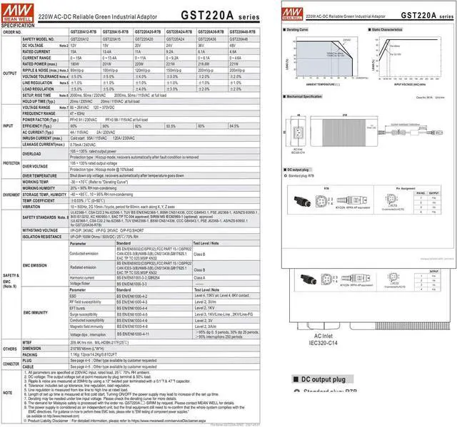 Alt view image 7 of 7 - GST220A24-R7B AC-DC Power Supply, 24V 9.2A 221W, High Efficiency 93.5%, Wide Temp -22°F to 158°F, UL/TUV Certified, Fanless, for Industrial Automation & Equipment