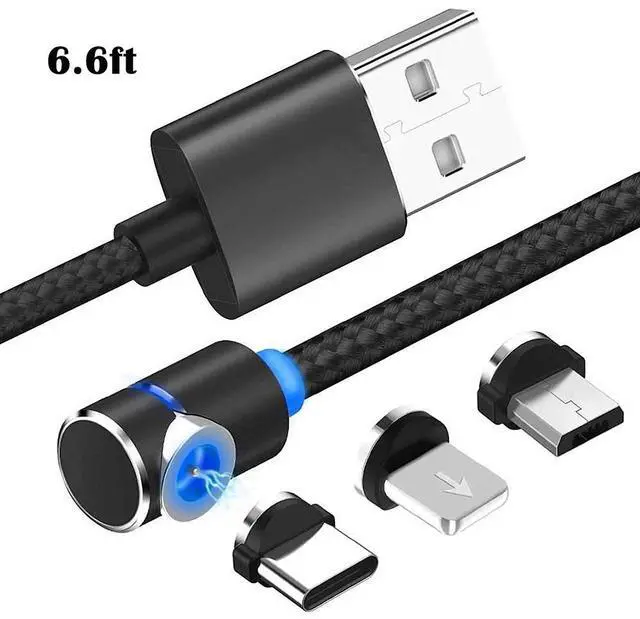 Main image of 6.6ft 90 Degree Magnetic 3 in 1 Charging Cable USB Charger Cable Micro USB/Type C/L Connectors Magnetic Led Indicator for All Cell Phones Universa Charger Cable Multiple Charger Cable (Black)