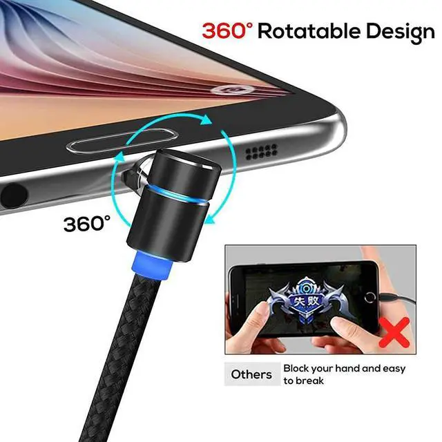 Alt view image 3 of 7 - 6.6ft 90 Degree Magnetic 3 in 1 Charging Cable USB Charger Cable Micro USB/Type C/L Connectors Magnetic Led Indicator for All Cell Phones Universa Charger Cable Multiple Charger Cable (Black)